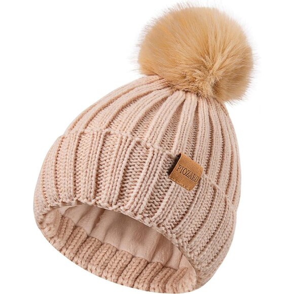 Women\'s Winter Warm Beige Beanie Fleece Lined Skull Faux Fur Pom Cuff Hat Cap main image 5
